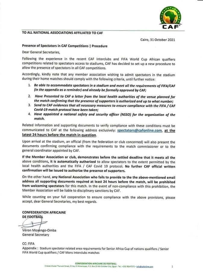 Good news for Kenyan football fans as CAF gives members associations permission to allow spectators back into the stadium
